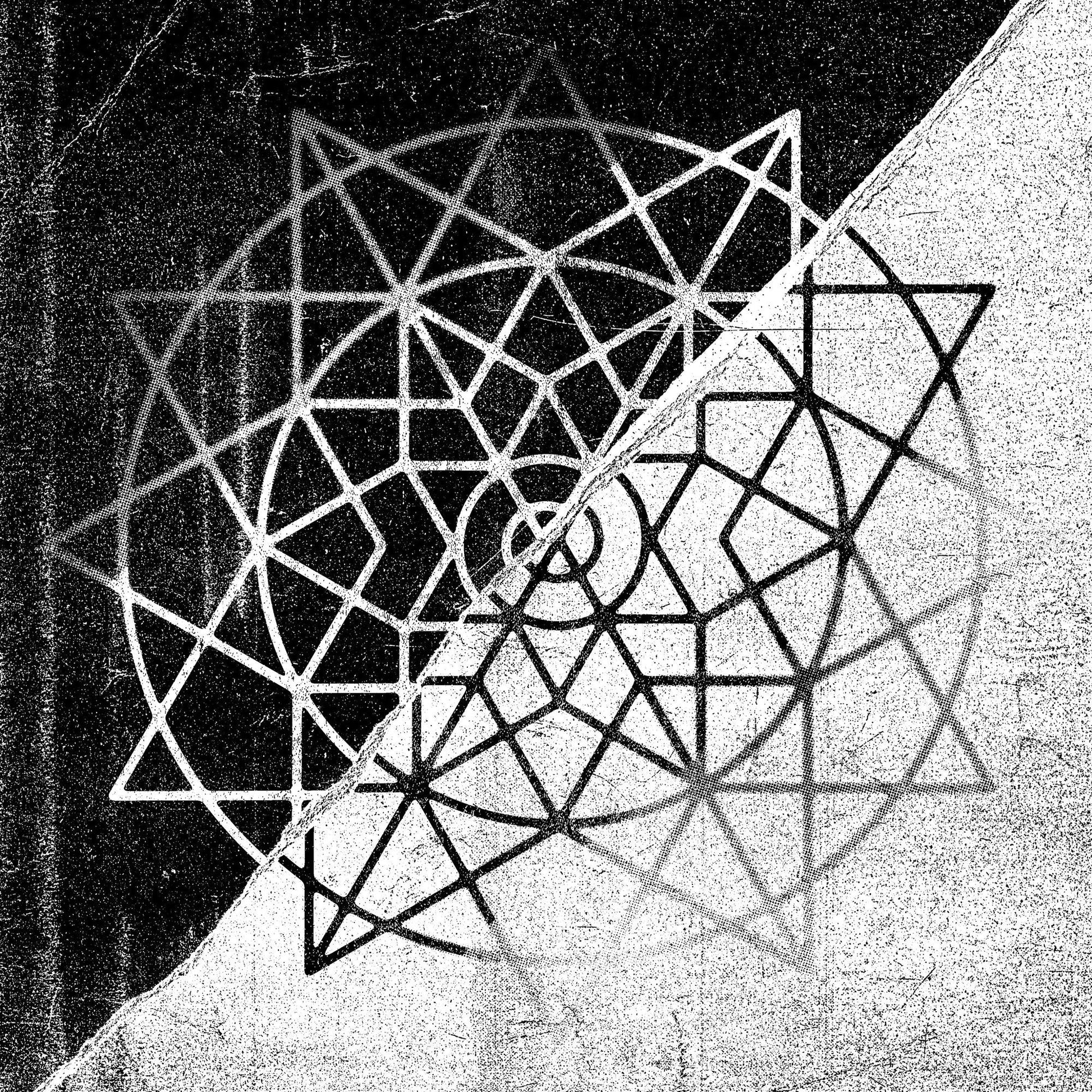 Black and white abstract geometric design on a CD cover.