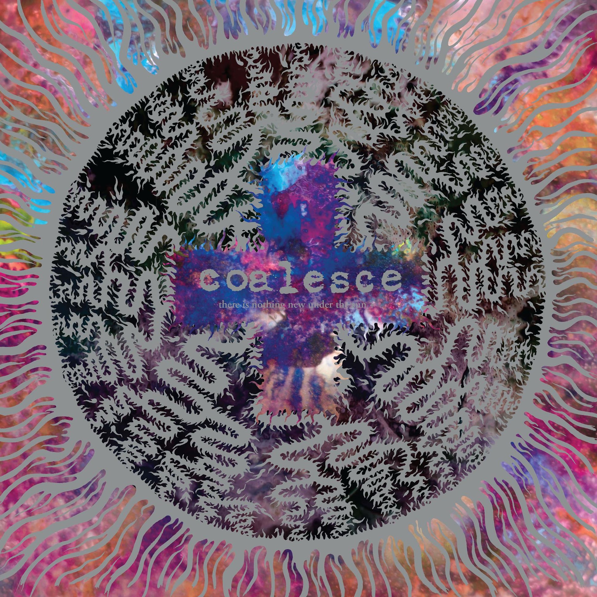 Abstract colorful background with a central grey sun-like emblem and band text overlay.