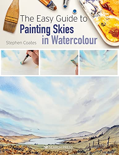 Book cover showing watercolor painting techniques for skies with brushes, paints, and a landscape.