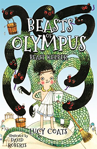 Boy with a large, green serpent and multiple small, black serpent heads.