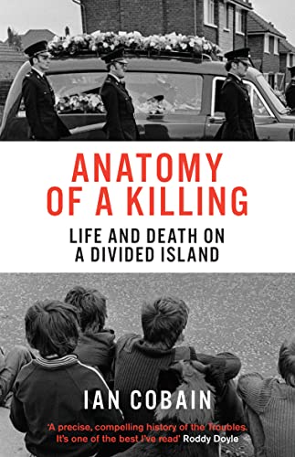 Book cover: funeral procession, grieving crowds, red title "Anatomy of a Killing".