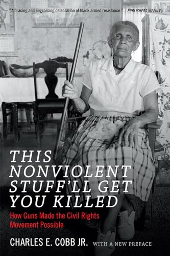 Black and white book cover featuring an older woman holding a long rifle.