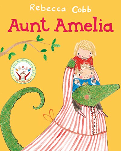 A green crocodile wearing a striped dress carries two children on its shoulders.