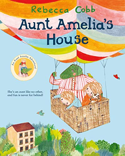 A crocodile and two children in a hot air balloon flying over a house.