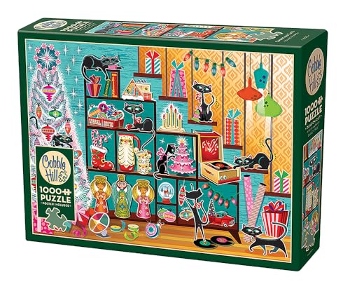 Christmas scene with a decorated tree, cats, and gifts on shelves.