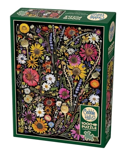Box for 1000-piece jigsaw puzzle depicting a dense arrangement of colorful wildflowers.