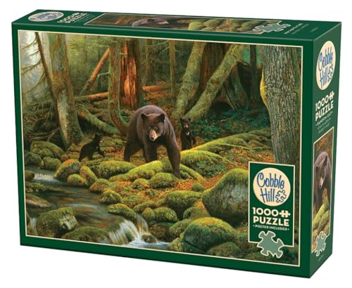 Black bears in a lush green forest scene, puzzle box front.