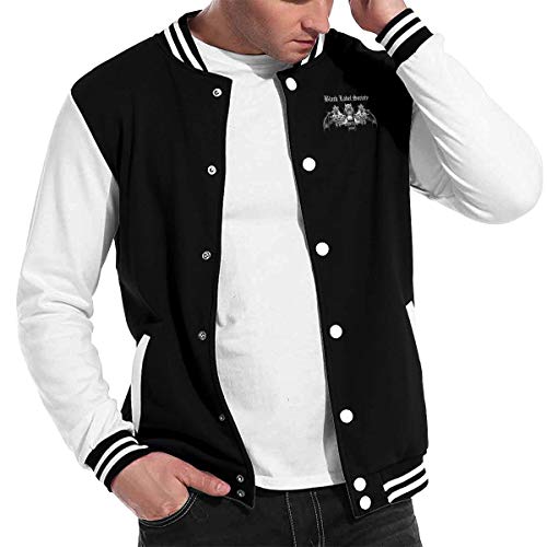 Man wearing a black and white varsity-style jacket with buttons.