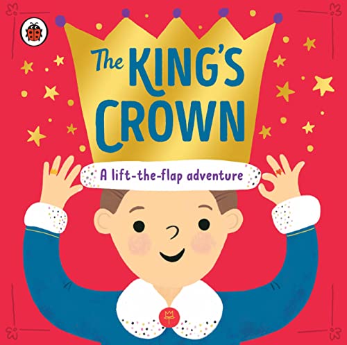 Child with raised arms holding a large golden crown, red background.