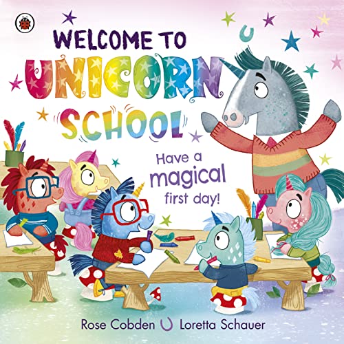 Book cover with colorful unicorns in a classroom setting.