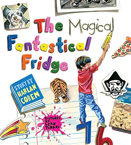 Book cover featuring a child, colorful magnetic letters, and various drawings on a fridge.