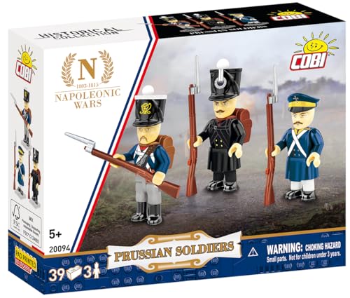 COBI box featuring three Prussian Napoleonic War soldier building block figures.