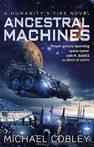 Book cover: spaceship over a futuristic city, planet in background.