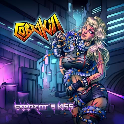 A woman with blonde hair and a mechanical snake in a neon city setting.