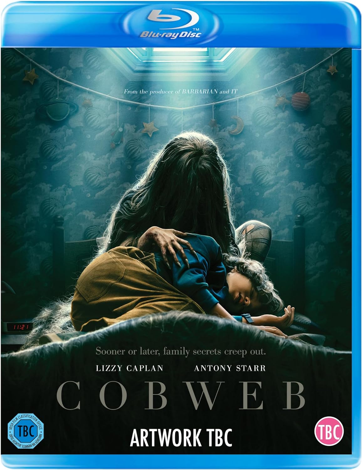 Blu-ray cover for horror film "Cobweb" featuring a child held by a shadowy figure.