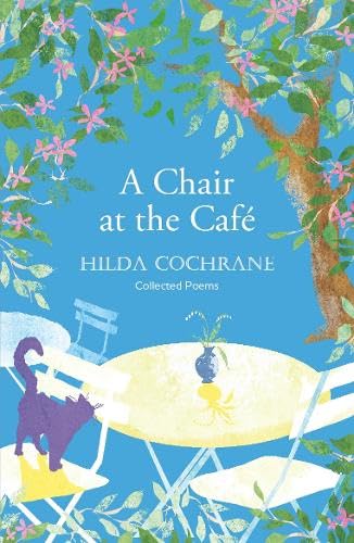 Book cover with cafe scene, a black cat, and floral branches.