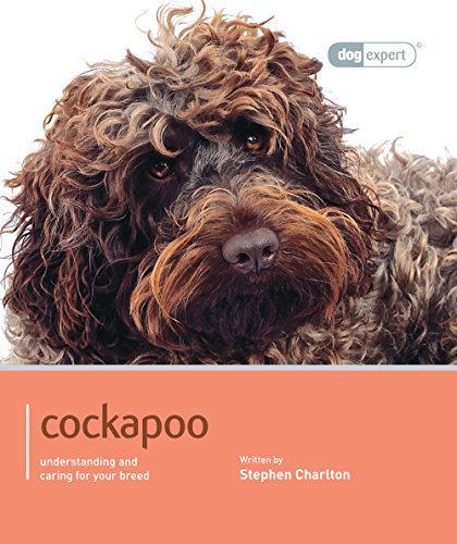 Close-up of a curly-haired cockapoo dog on a book cover.