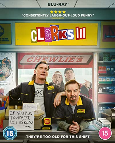 Clerks III Blu-ray cover featuring two store clerks standing behind a convenience store counter.