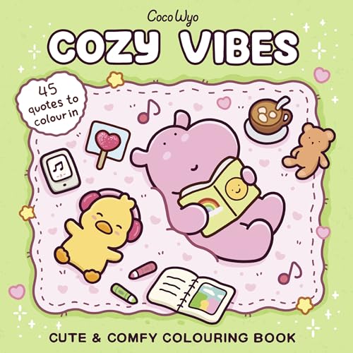 Colouring book cover with cartoon animals relaxing and reading, pink and yellow tones.