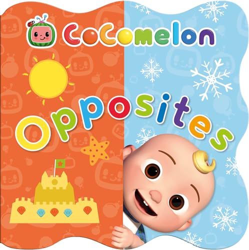 CoComelon Opposites board book cover featuring a sun, sandcastle, and JJ on blue background.