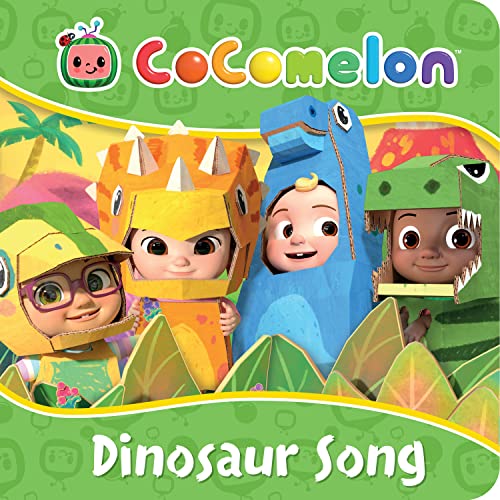 CoComelon characters dressed as dinosaurs in cardboard costumes.