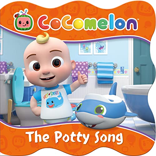 CoComelon baby on potty with shark-shaped toilet, bathroom background.