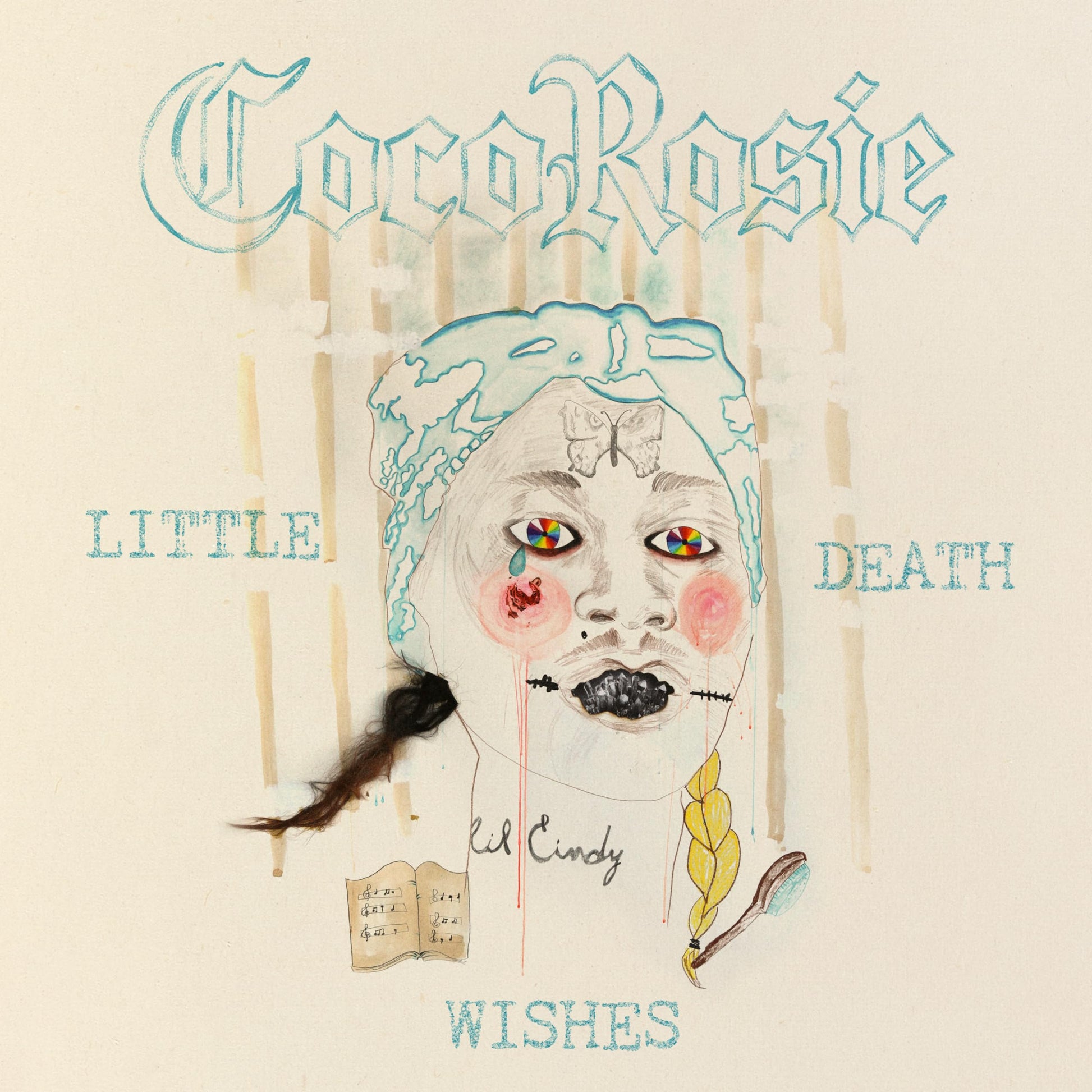 Cocorosie's "Littledeath Wishes" album cover: painted portrait with sheet music.