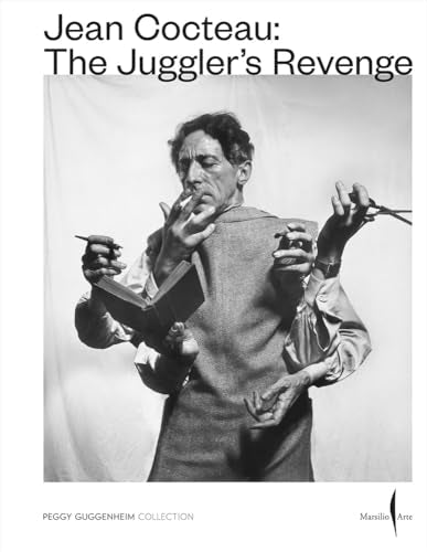 Black and white portrait of Jean Cocteau juggling objects around himself.