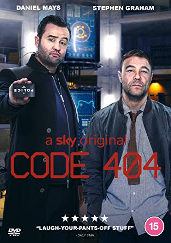 "Code 404 DVD cover featuring two men in coats with a futuristic background."