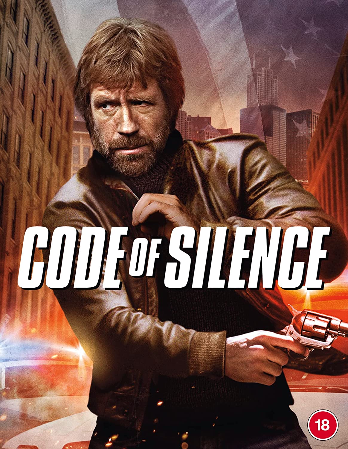 Blu-ray cover for "Code of Silence" featuring Chuck Norris holding a gun.
