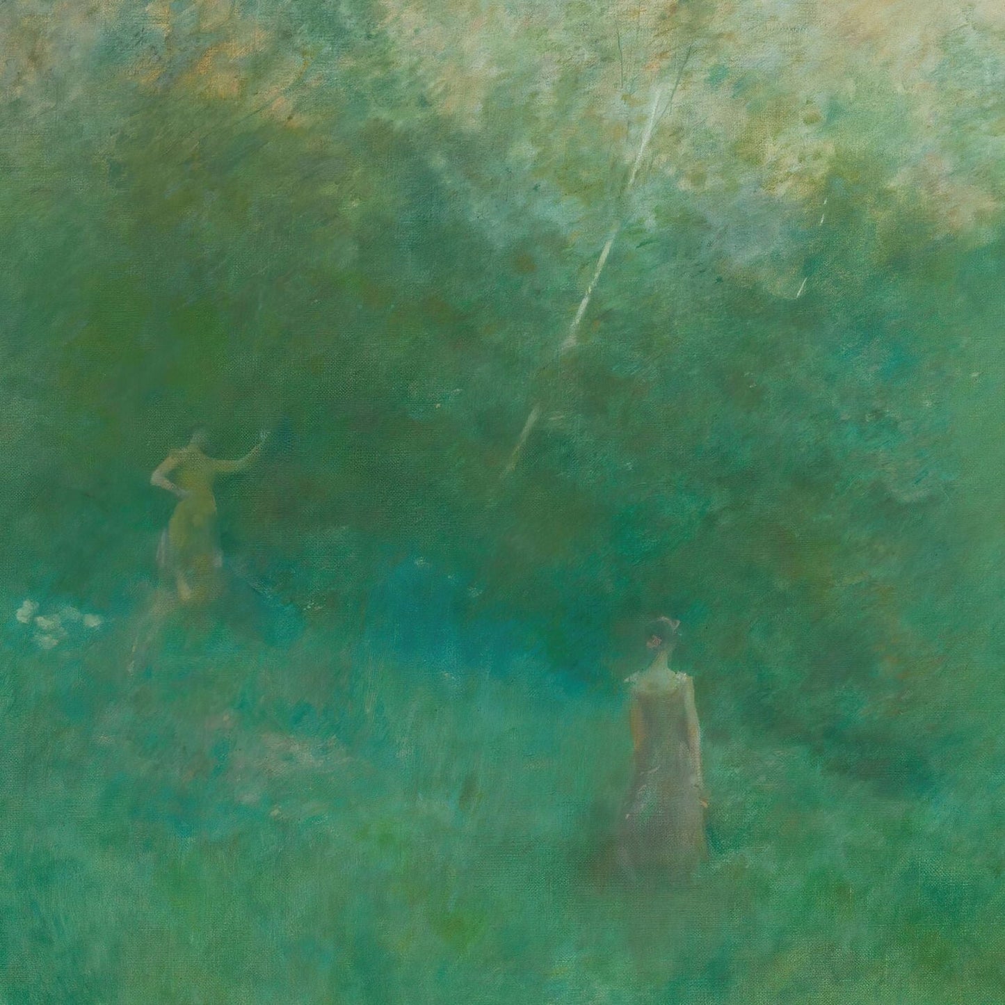 Impressionistic painting of two figures in a green, hazy landscape.