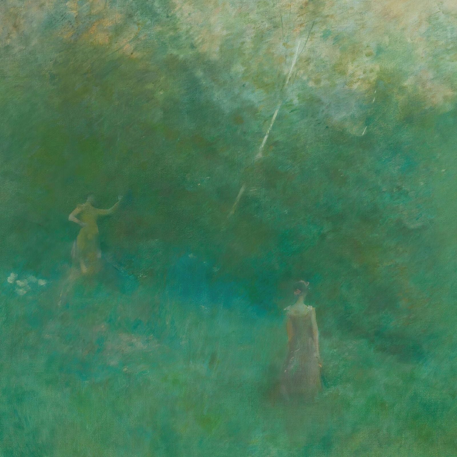 Impressionistic painting of two figures in a green, hazy landscape.