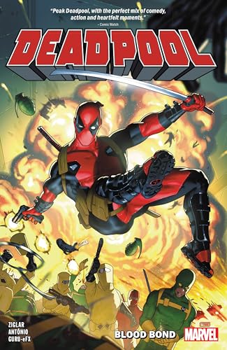 Deadpool wielding swords and guns, leaping toward armed figures.
