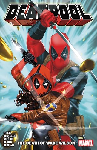 Deadpool comic book cover featuring the character wielding swords and a double.