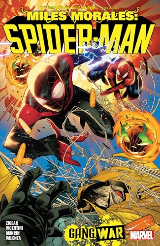 Miles Morales and Peter Parker Spider-Man fighting in a comic book cover illustration.