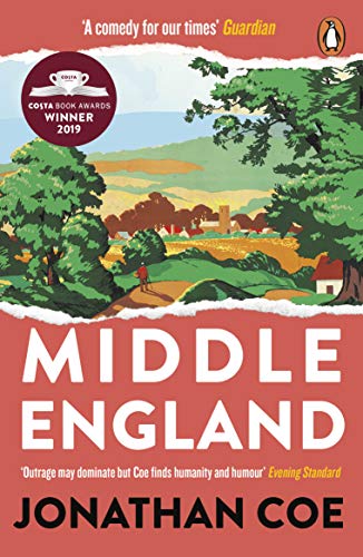 Book cover: “Middle England” by Jonathan Coe, with rural landscape illustration.
