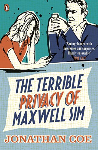 Book cover with illustrated figures and bold title: "The Terrible Privacy Of Maxwell Sim.