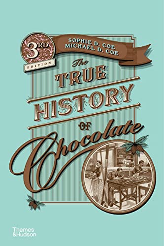 Book cover: "The True History of Chocolate," 3rd edition, with cocoa beans.