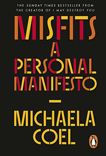Book cover for “Misfits” by Michaela Coel, with bold red and yellow text.