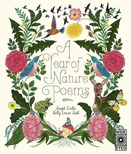 Book cover with floral wreath, birds, deer, and a butterfly.
