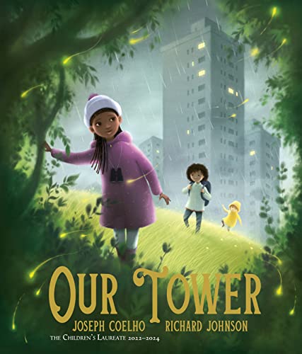 Three children walk on a grassy hill before tall apartment buildings in the rain.