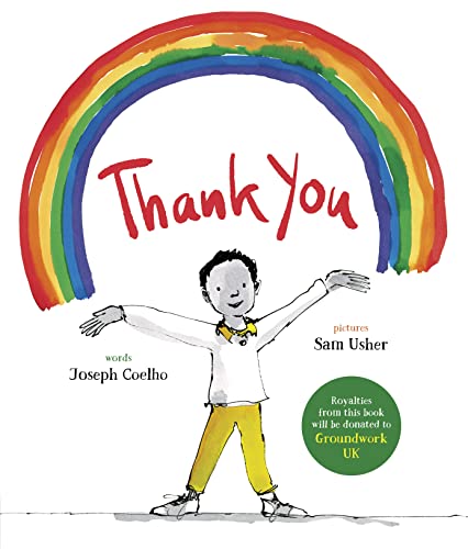 Book cover with a child under a rainbow and the words “Thank You”.