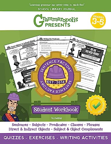 Grammaropolis workbook cover with sentence diagrams, gears, and a cartoon builder.