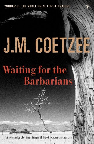 Book cover: "Waiting for the Barbarians" by J.M. Coetzee, with tree bark texture.