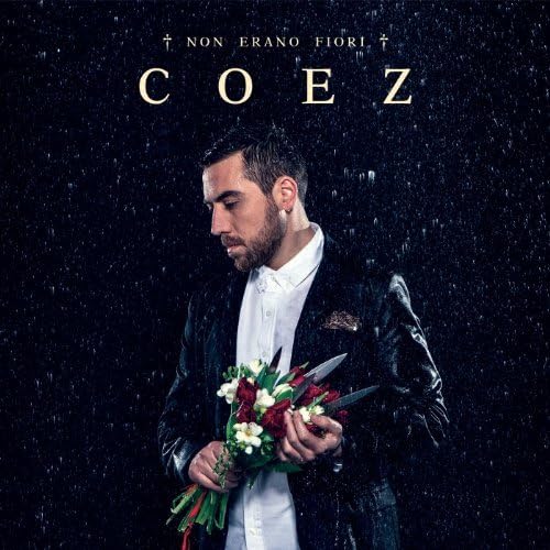 Coez album cover: man in suit holding flowers and knives.