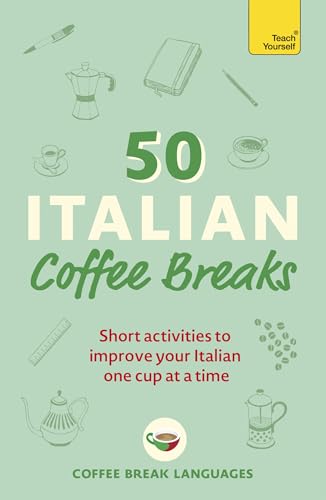 Book cover: "50 Italian Coffee Breaks" with coffee pot and cup illustrations.