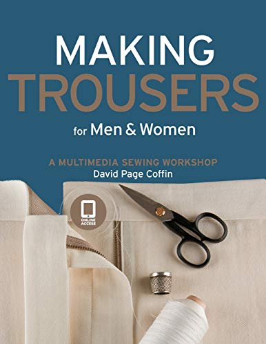 Book cover: "Making Trousers" with scissors, fabric, and online access icon.
