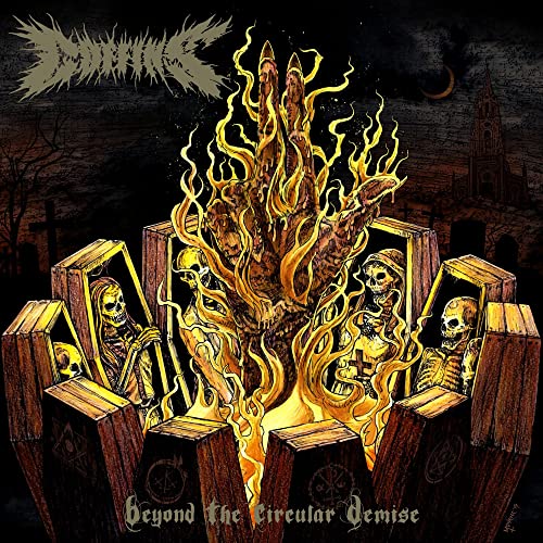 A giant burning hand rises from a circle of coffins containing skeletons in a graveyard.