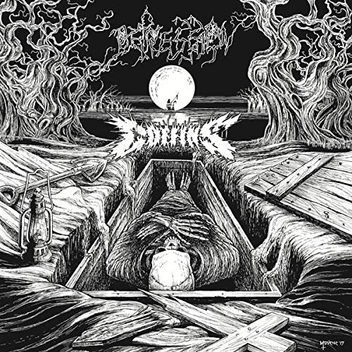 Black and white illustration of a person in an open grave, with a moon.