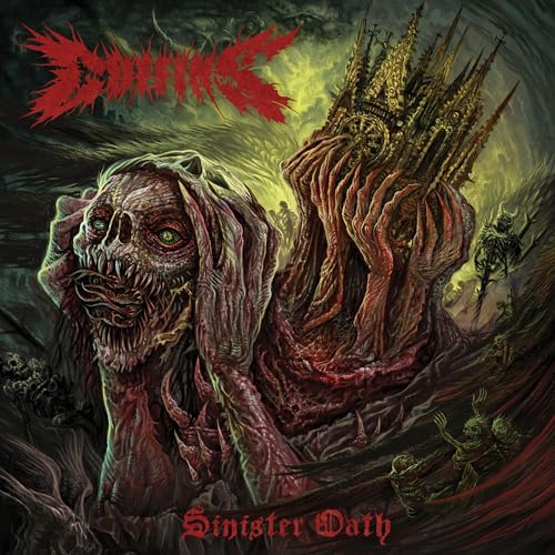 Album cover for Coffin's "Sinister Oath" featuring a decaying face and gothic architecture.